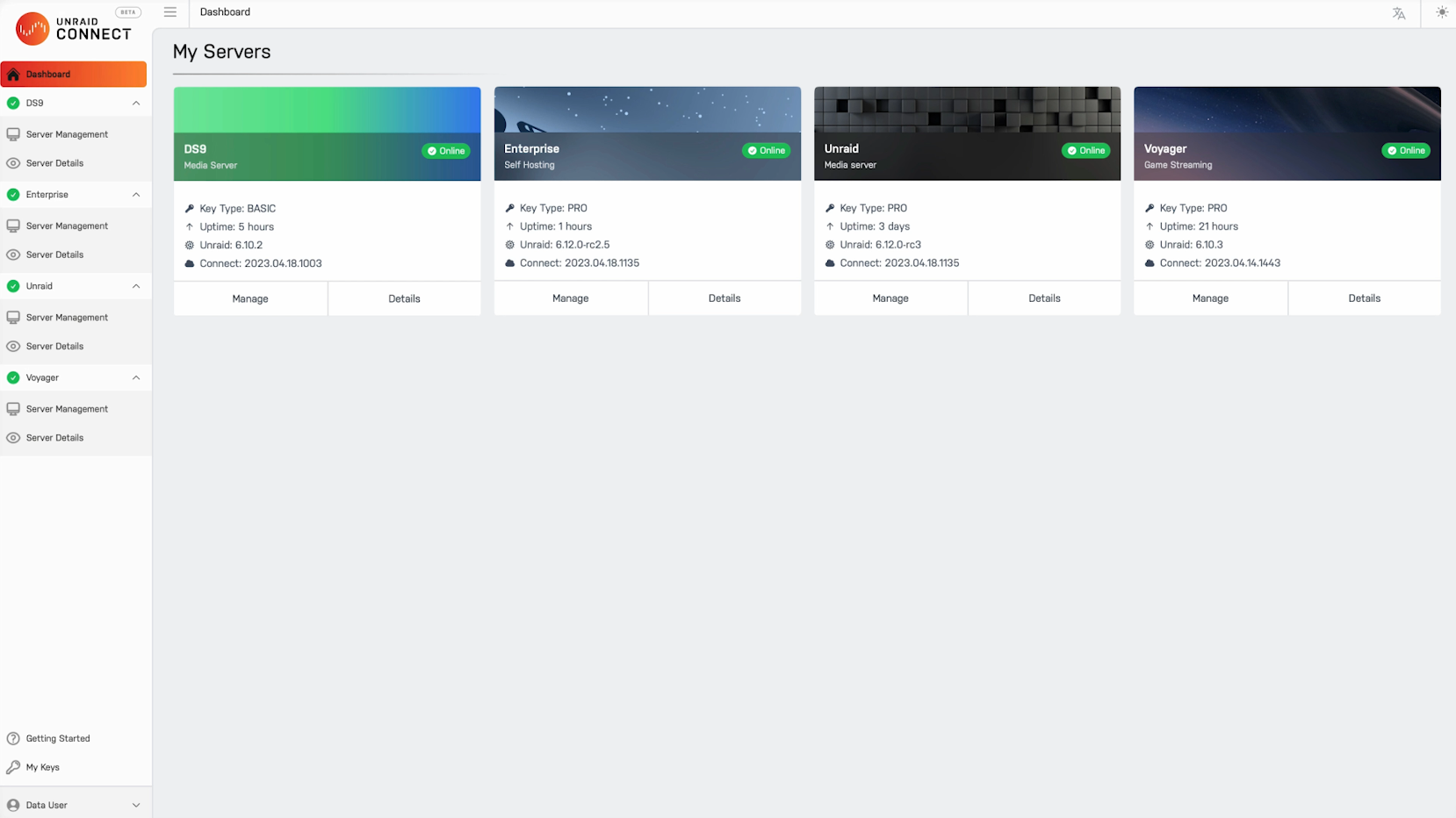 Tableau de bord Unraid Connect